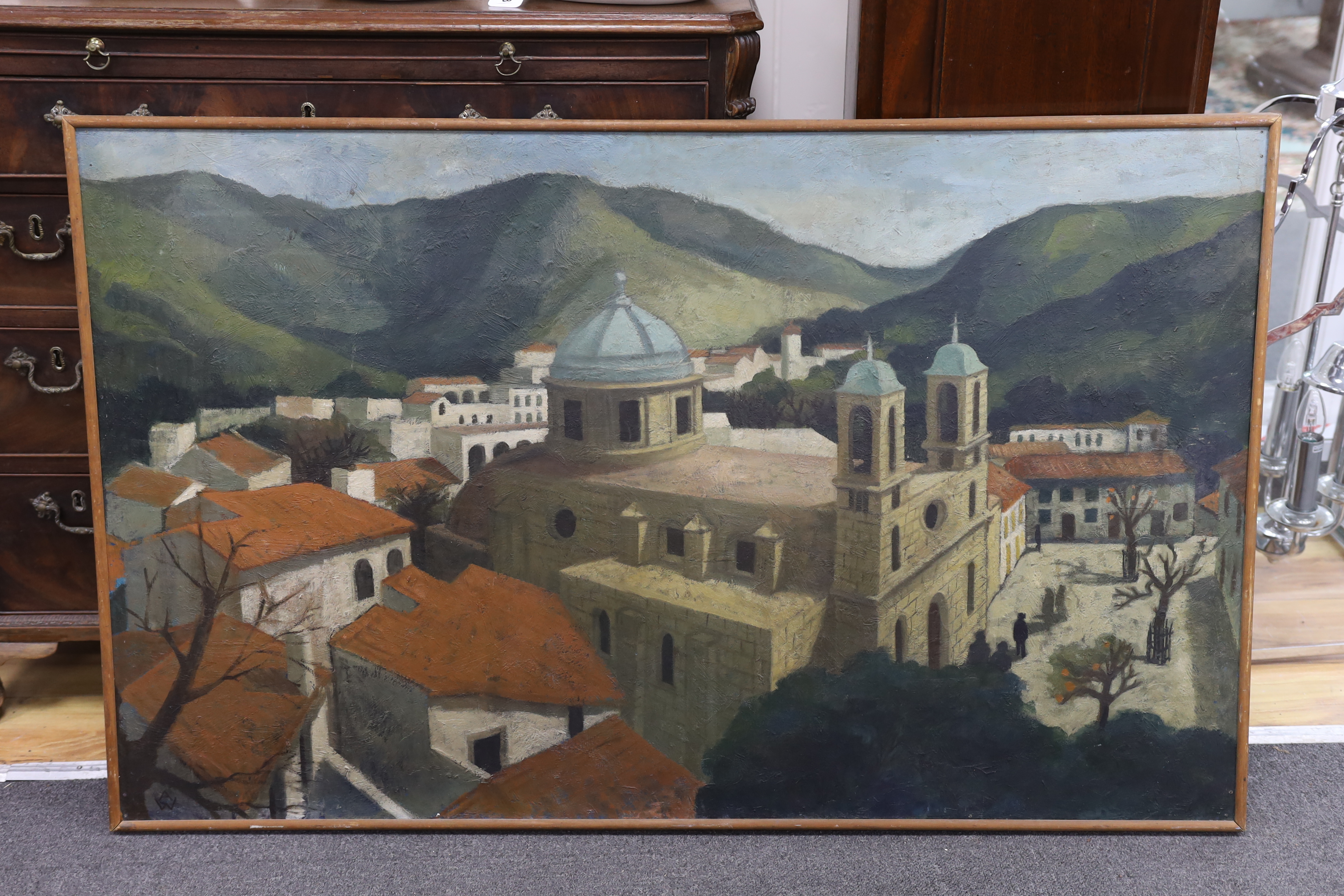 In the manner of Alfred Wolmark (1877-1961), oil on canvas board, Continental skyline, bears initials, 74 x 121cm